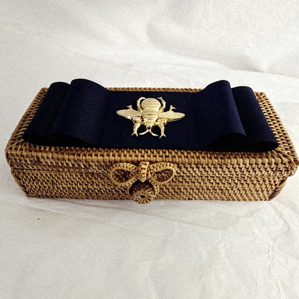 Lisi Lerch Elegant Navy Ribbon Woven Purse with Golden Bee Accent